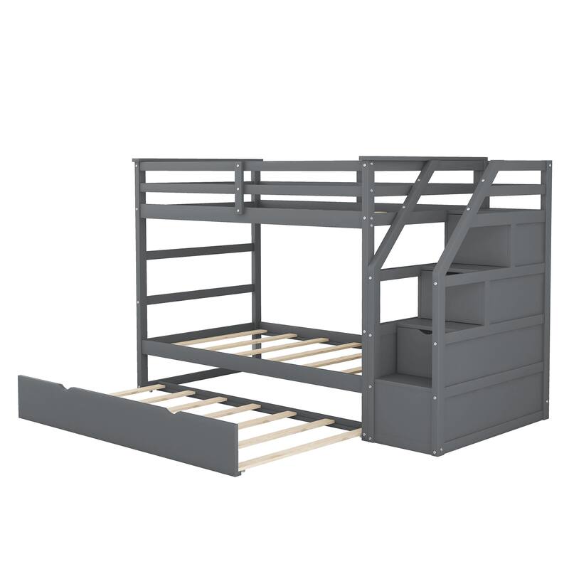 Bunk Bed with Trundle with Safety Guardrail and 3 Storage Stairs, Triple Bunk Multifunctional Space-Saving Solution for Bedroom