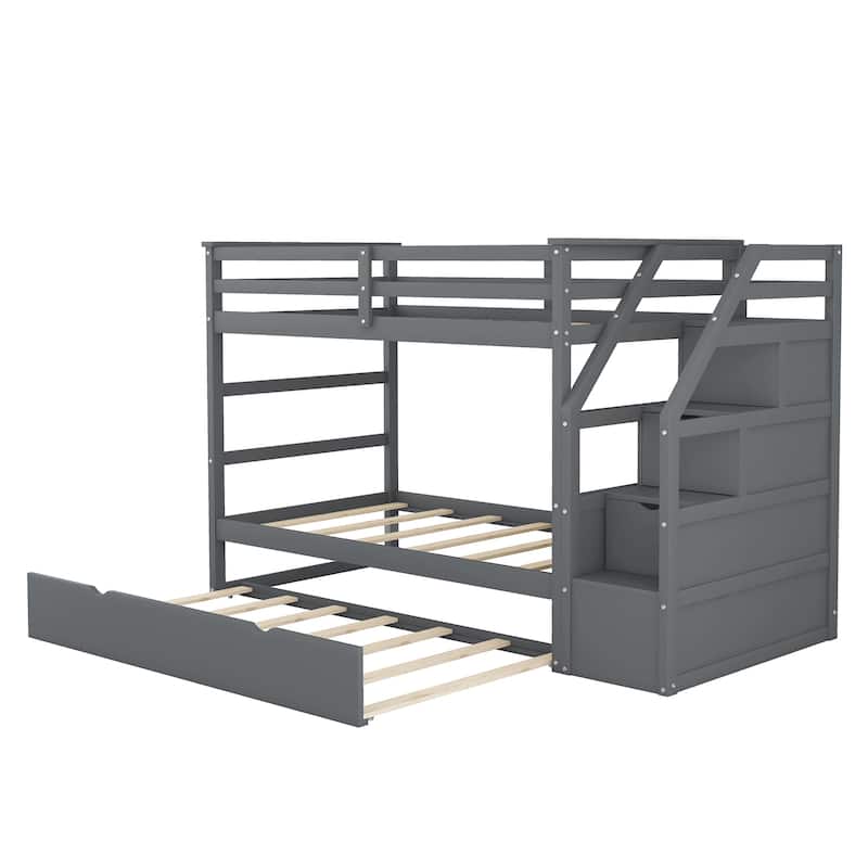 Kids Twin Ove Twin Bunk Bed with Pull-Out Trundle and 3 Storage Stairs, Safety Guardrails and Armrest