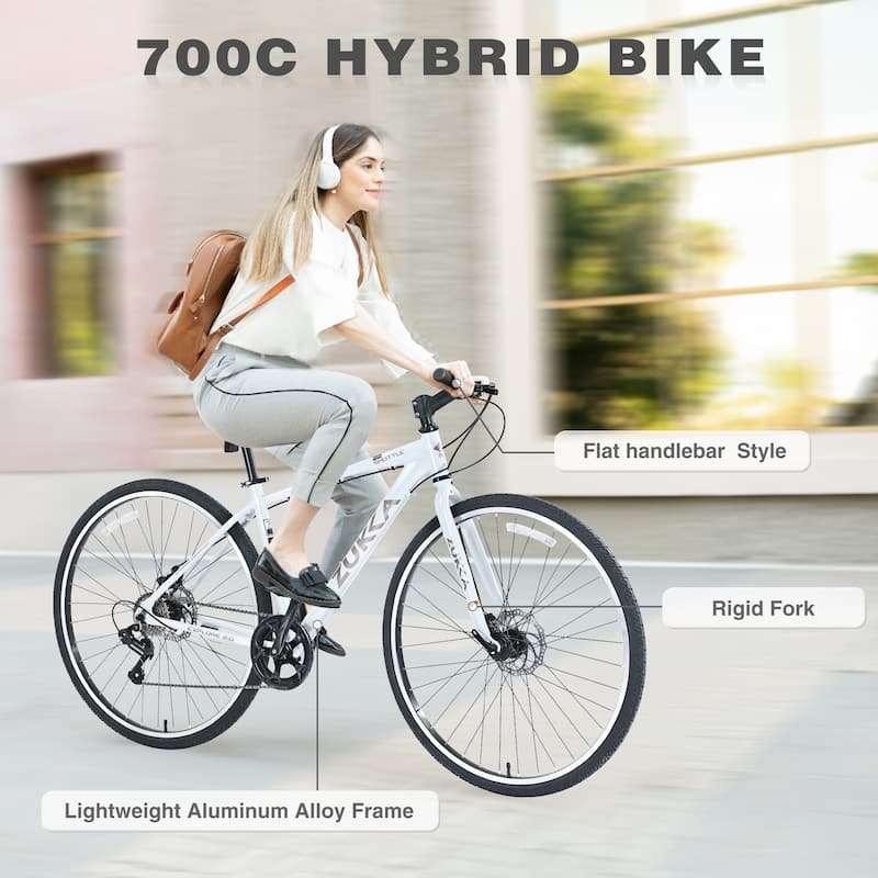 Shimano 7 Speed Hybrid Bike 700C Road Cycling Bicycle, Urban Commuter Bicycles with Double Disc Brakes, Aluminum Alloy Frame