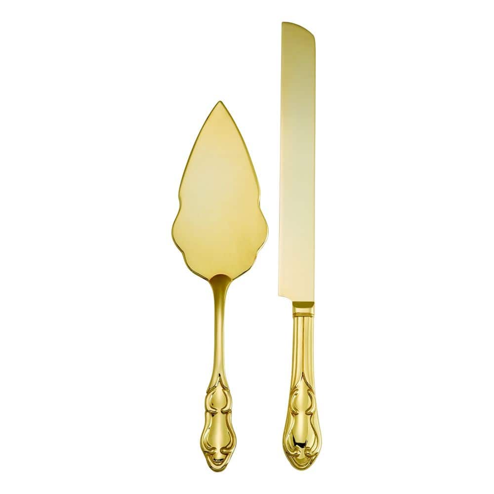 Antique Style Gold Tone Cake Knife and Server Set with Detailed Fluted Handles and Modern Craft - 11.25"L