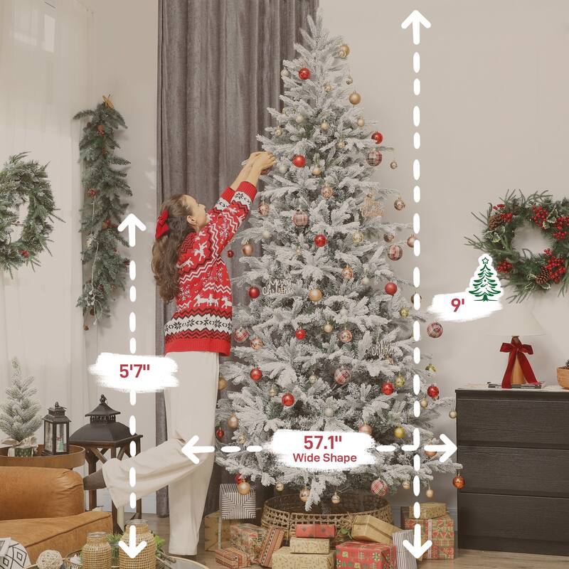 HOMCOM 9 ft Artificial Frosted Christmas Tree with Realistic Branches, Wide Full Spruce Holiday Decor, Hinged Xmas Tree