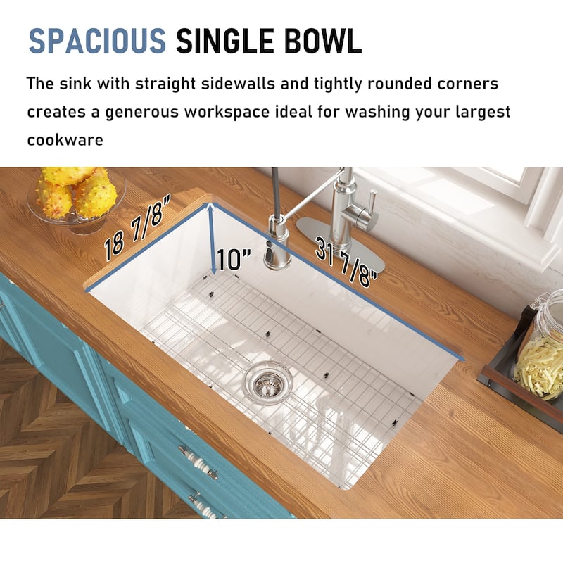 CASAINC Undermount Single Bowl Fireclay Kitchen Sink with Bottom Grid and Strainer, cUPC Certified