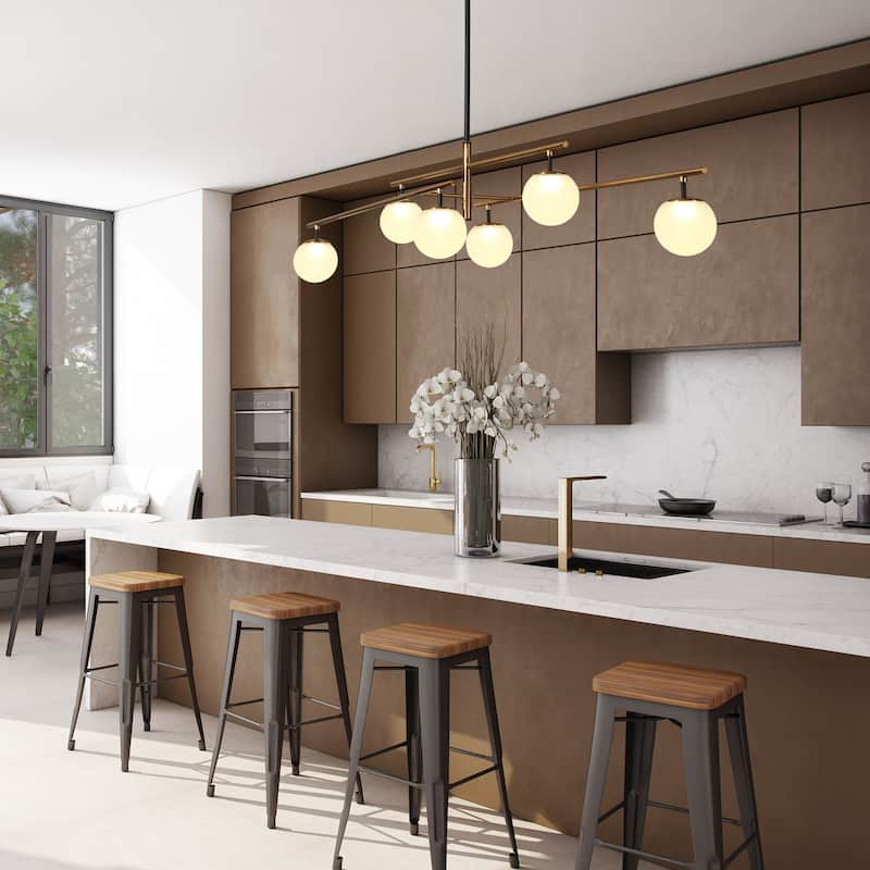 Modern 6-Light Black Gold LED Chandelier Linear Glass Pendant Lights for Dining Room - 44" L x 13" W x 9.8" H
