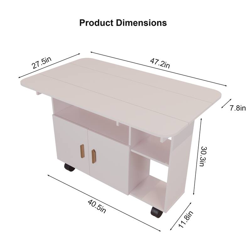 Anmytek Folding Drop Leaf Dining Table with Wheels, Modern Movable Kitchen Island for Small Spaces, White