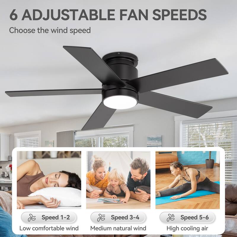 42"/52" Modern Black Flush Mount Ceiling Fan with LED Light and Remote