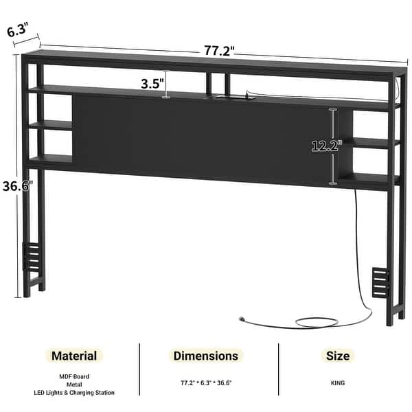 dimension image slide 10 of 11, Headboards with Storage Shelves, Head Board with Power Outlet and LED Light for Bed Frame