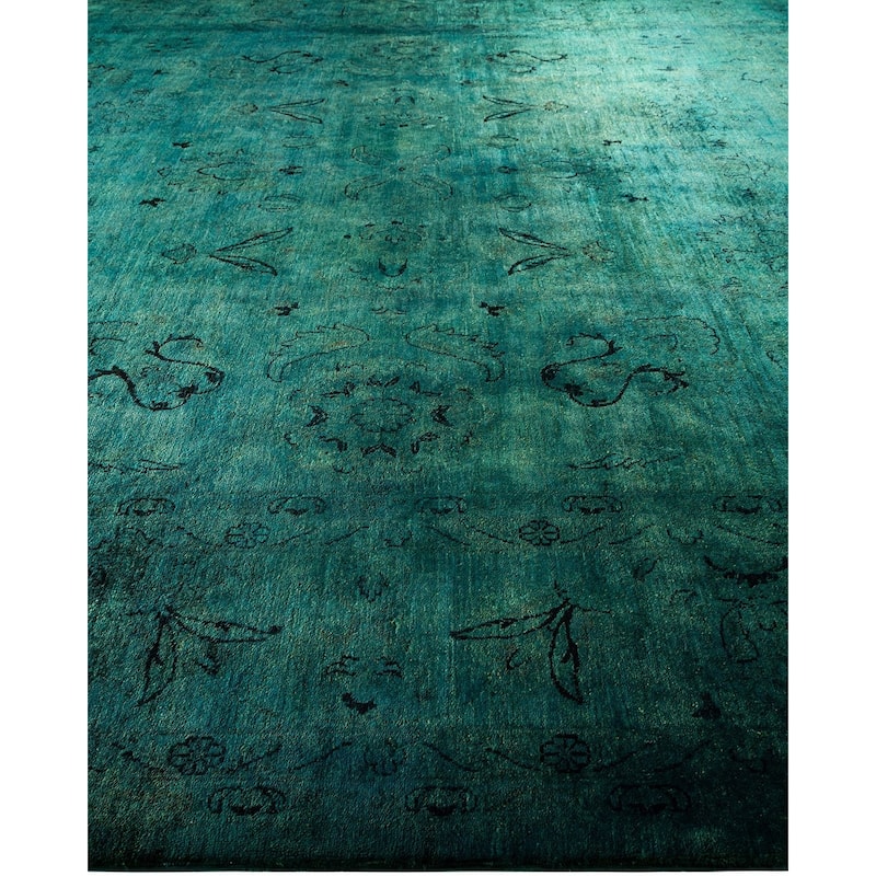 Overton Hand Knotted Wool Vintage Inspired Modern Contemporary Overdyed Green Area Rug - 11' 10" x 12' 5"