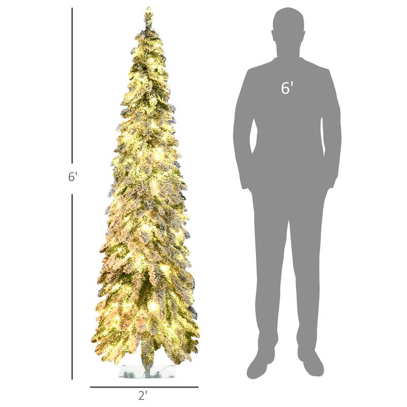 HOMCOM 6ft Tall Prelit Pencil Artificial Christmas Tree Holiday Décor with 407 Snow Flocked Branches Downswept Shape - 5.89 ft