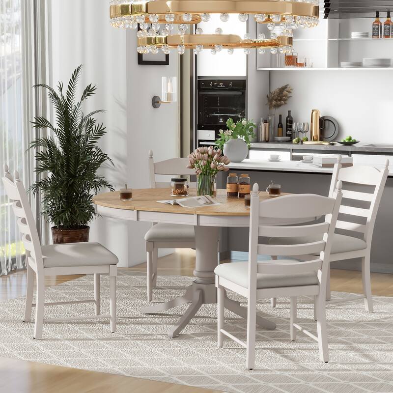 Off White Retro 5-Piece Wooden Dining Table Set with Extendable Round Table & 4 Chairs
