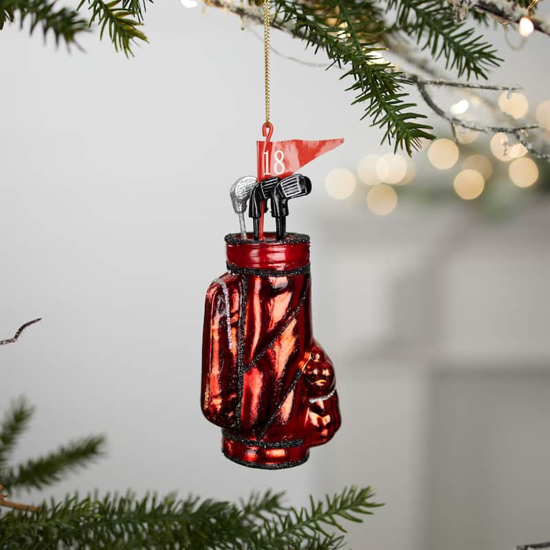 Set of 12 Red Glass Golf Clubs and Bag Ornaments with Glitter Accents for Holiday Tree Decoration - 2.25”L x 1.5”W x 5.5”H