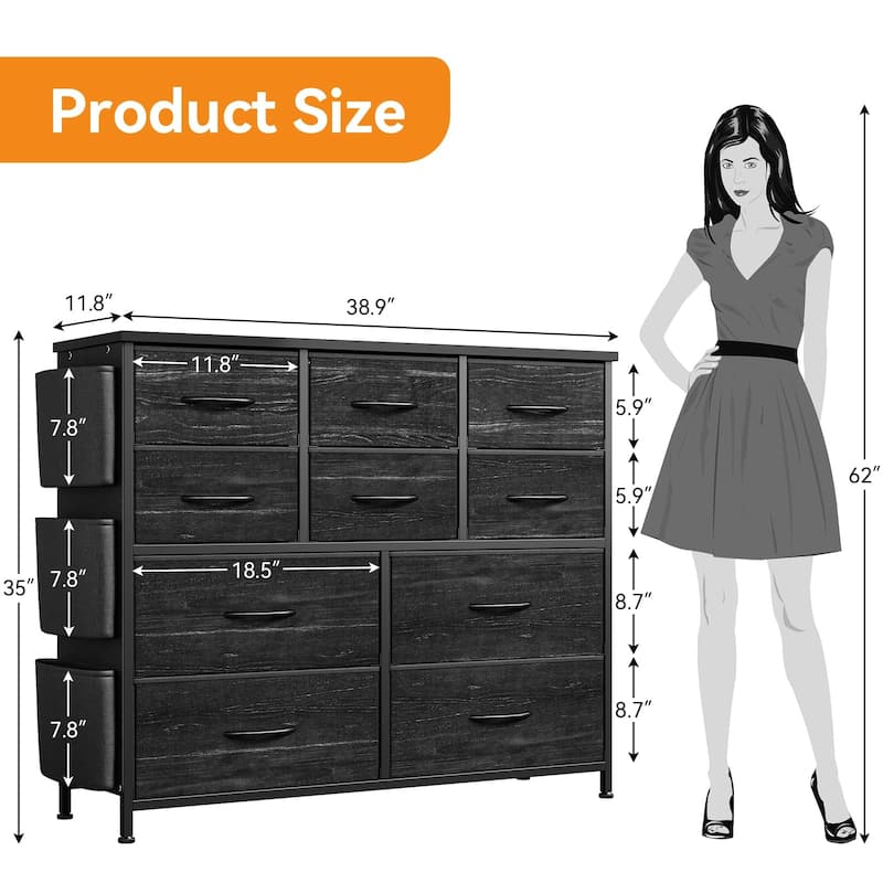 Fabric 10 Drawer Dresser for Bedroom, Metal Frame Storage Organizer Chest with Side Pockets, Hooks