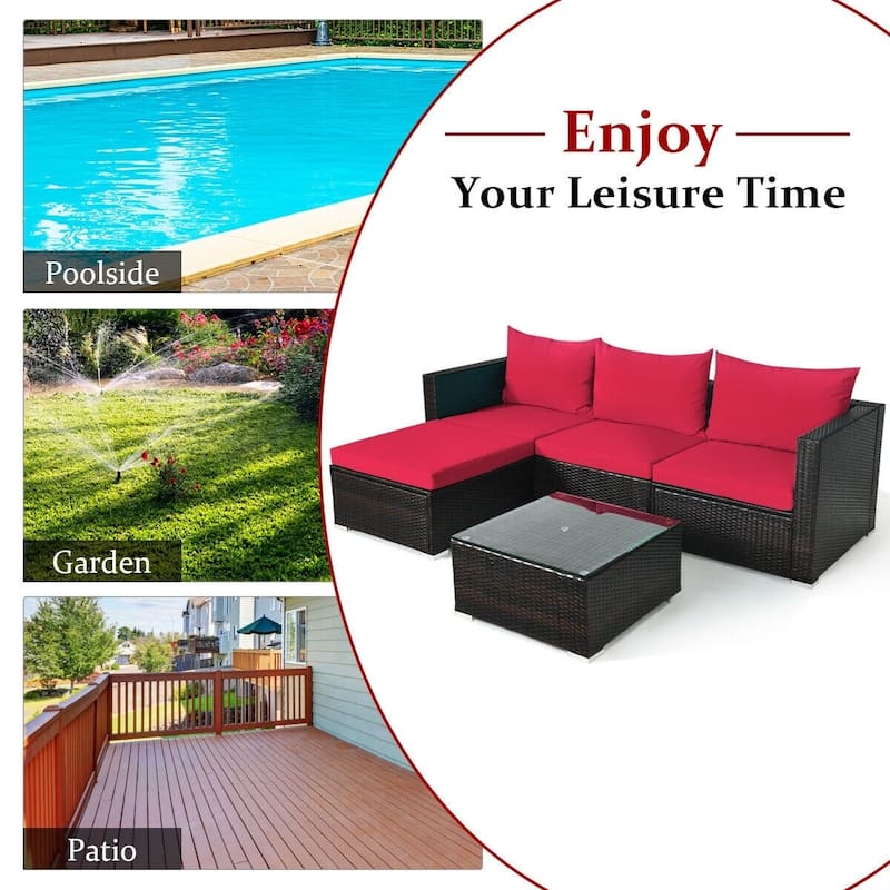 5Pcs Patio Rattan Furniture Set with Coffee Table - 29" x 29" x 23.5" (L x W x H)