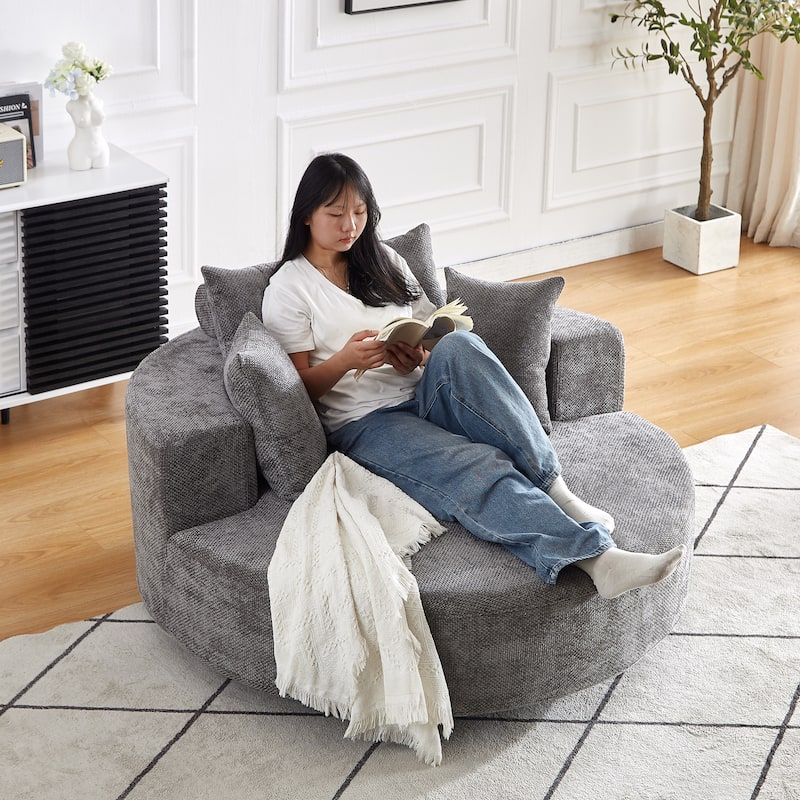 360° Swivel Sofa Chair Chenille Round Single Chaise Lounge with Cylindrical Neck Pillow and Integrated Backrest for Living Room