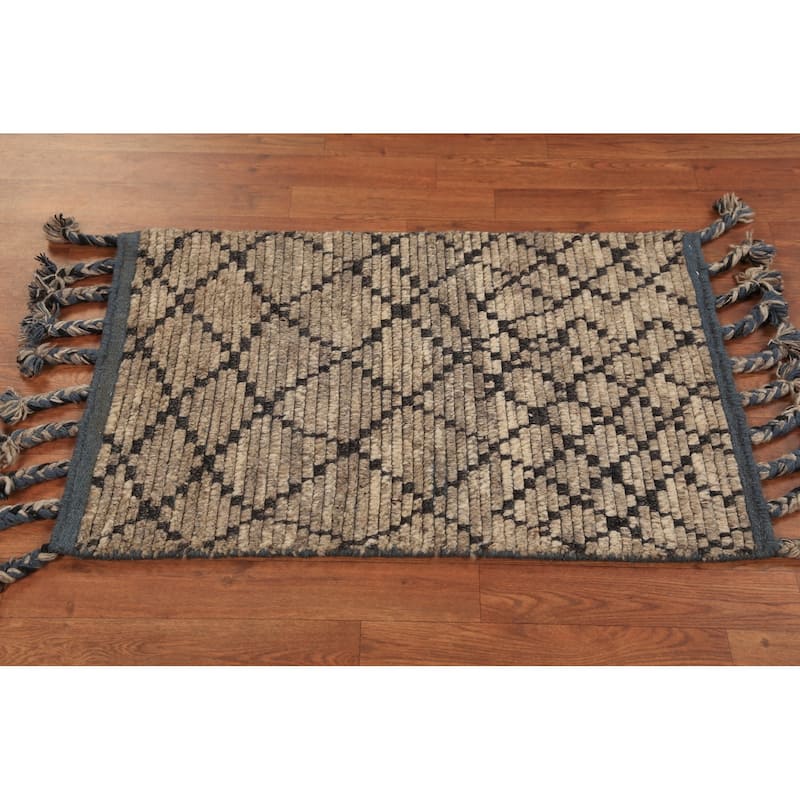 Striped Brown Moroccan Indian Foyer Rug Handmade Wool Carpet - 2'0"x 3'0"