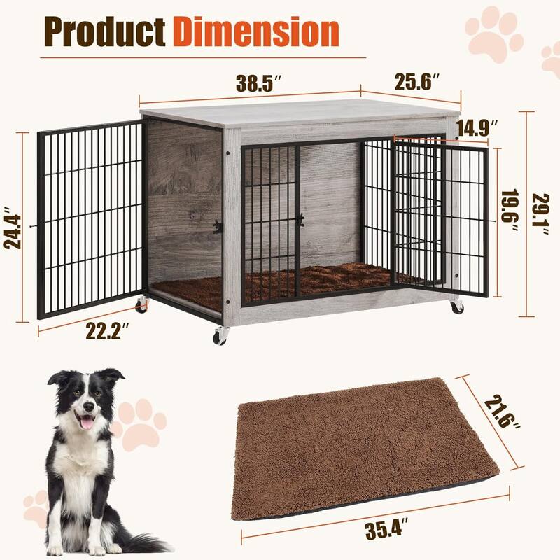 BOSSIN Dog Crate Furniture with Cushion, 32 Inch Double Doors Wooden Dog House Side End Table with Wheels for Small Medium Dogs