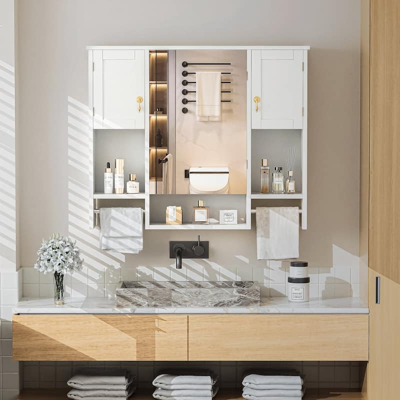 VECELO Bathroom Medicine Cabinet with Mirror, Wall Mounted Bathroom Storage Cabinet, Mirror Doors and 2 Towel Bars