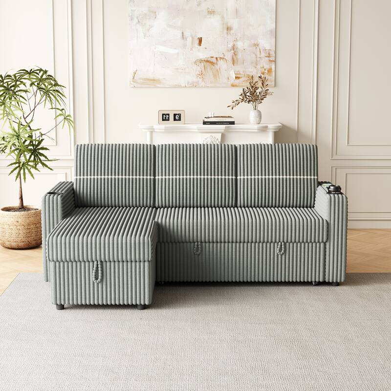 Corduroy Sleeper Sofa Bed with Storage Chaise, Dual Cup Holders, and USB Charging Port Convertible Couch for Living Room
