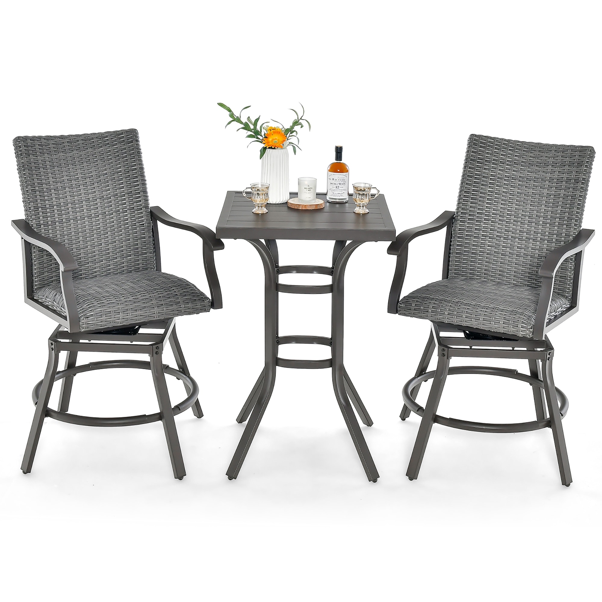 Costway 3PCS Patio Rattan Bar Table Stools Set Aluminum 360° Swivel - See Details