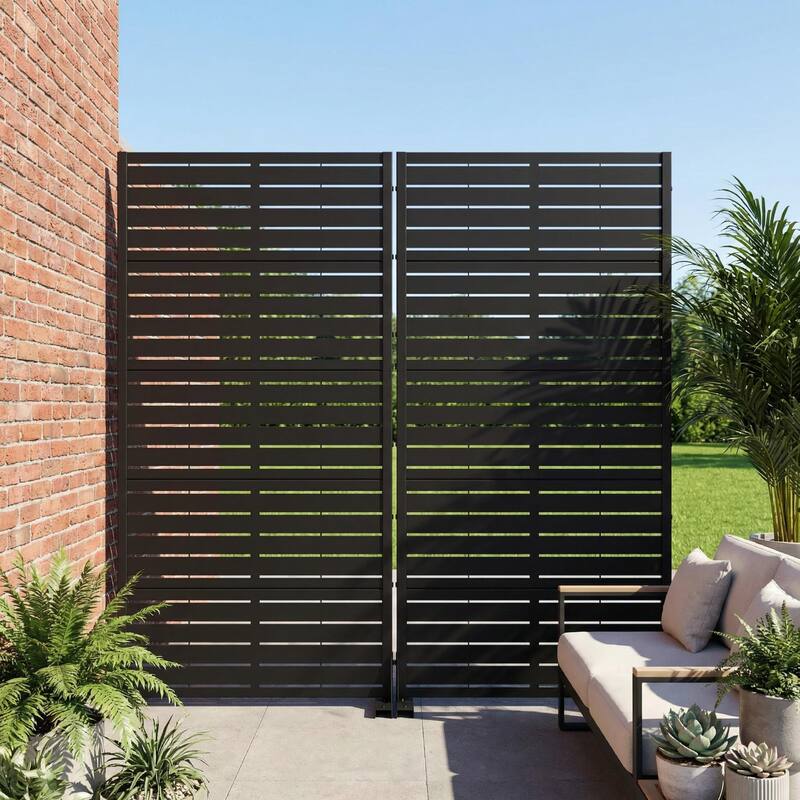 Outdoor Privacy Screen with Stand for Patio Garden Metal Fence Set of 2 - Black - 59"30"