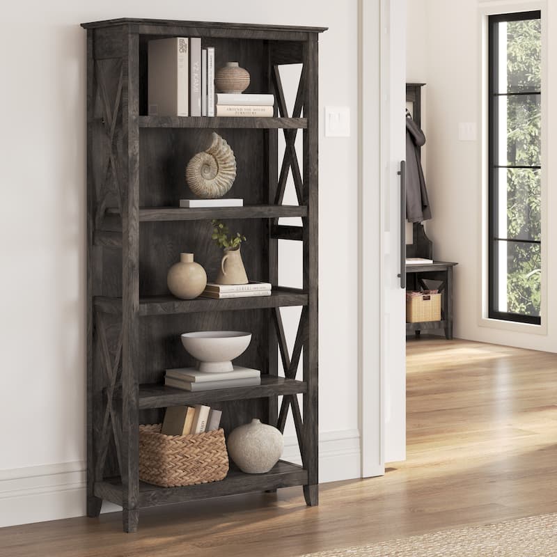Bush Furniture Key West Tall 5 Shelf Bookcase with Adjustable Shelves - Dark Gray Hickory