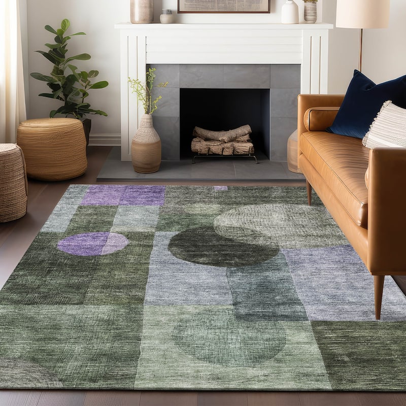 Machine Washable Indoor/ Outdoor Abstract Geo Chantille Rug - Olive - 2'6" x 3'10"