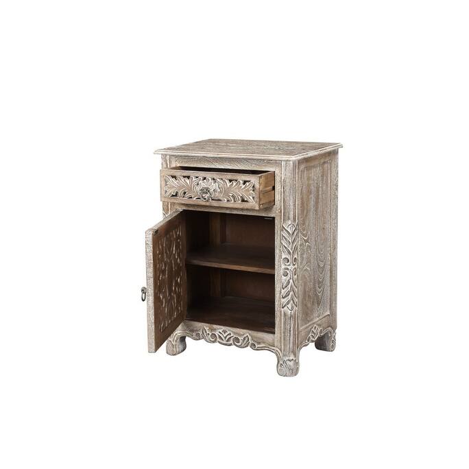 30" Distressed Gray One Drawer Carved Floral Solid Wood Nightstand