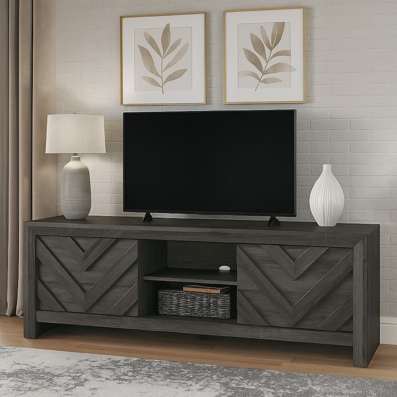 Velz TV Media Stand Cabinet, 2 Chevron Doors. Open Shelves, Dark Gray