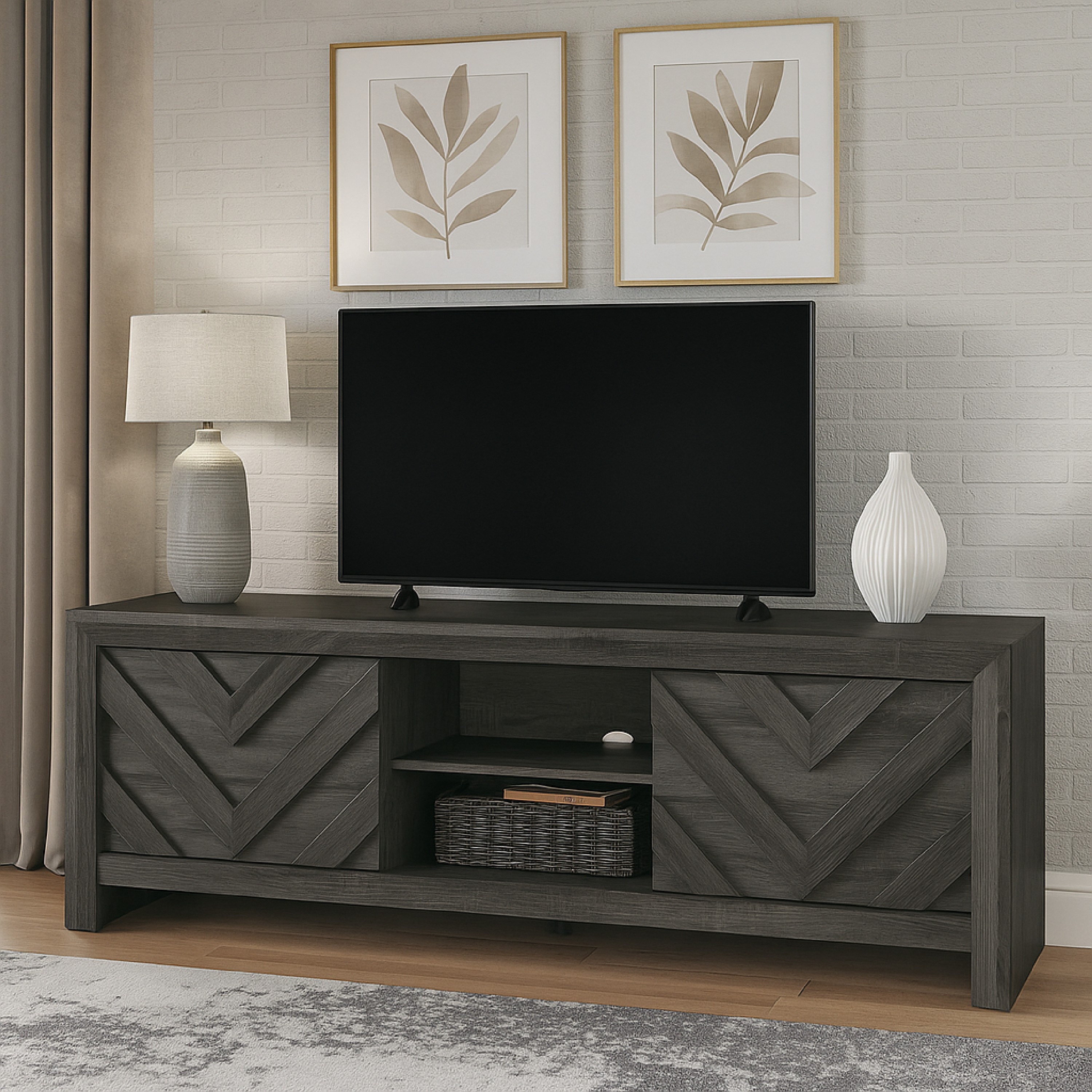 Velz TV Media Stand Cabinet, 2 Chevron Doors. Open Shelves, Dark Gray