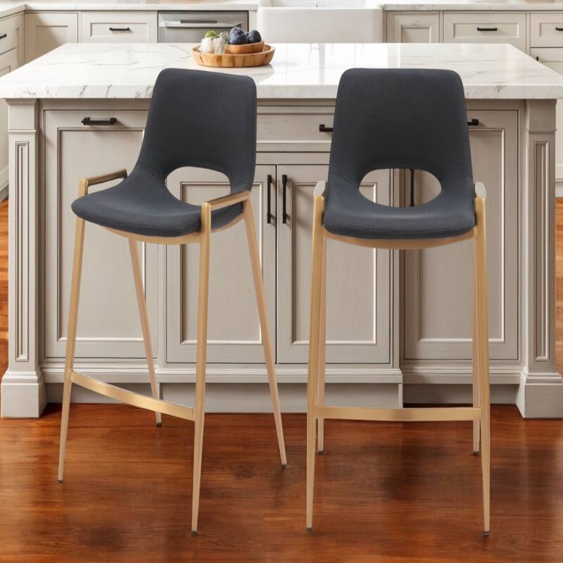 Set of 2 Faux Leather Low Back Chairs with Steel Frame and Footrest - Black-Gold-26-Inch