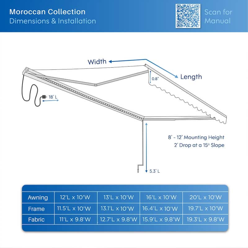 ALEKO Moroccan Semi-Cassette Motorized Patio Awning - Sky Blue - 16 x 10 Feet