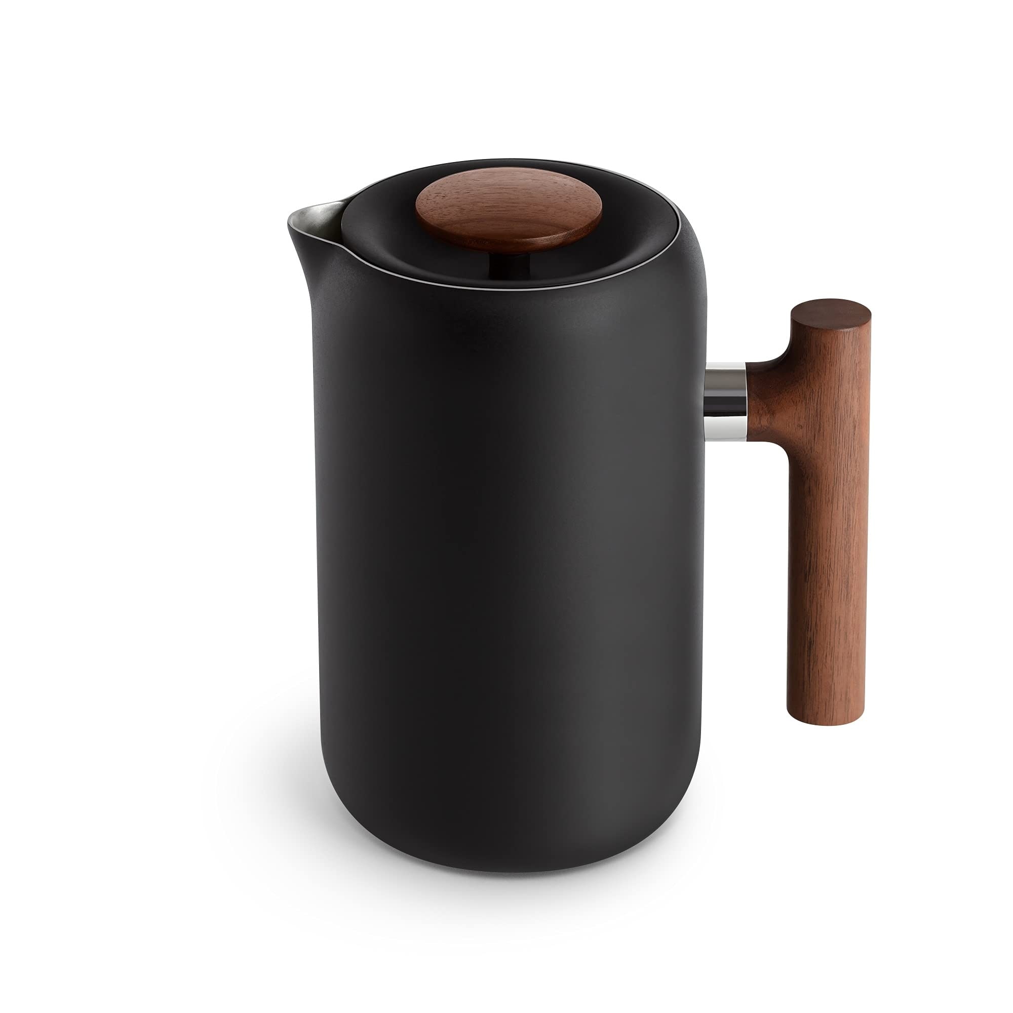 Coffee Maker - Portable Stainless Steel Coffee Press, Insulated Manual Brewer, Matte Black with Walnut, 24 oz Carafe