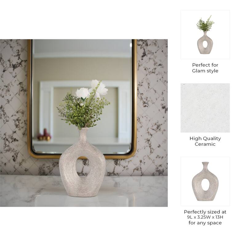 Modern Ceramic Textured Oval Cut-Out Vase - Home Decor - 13"
