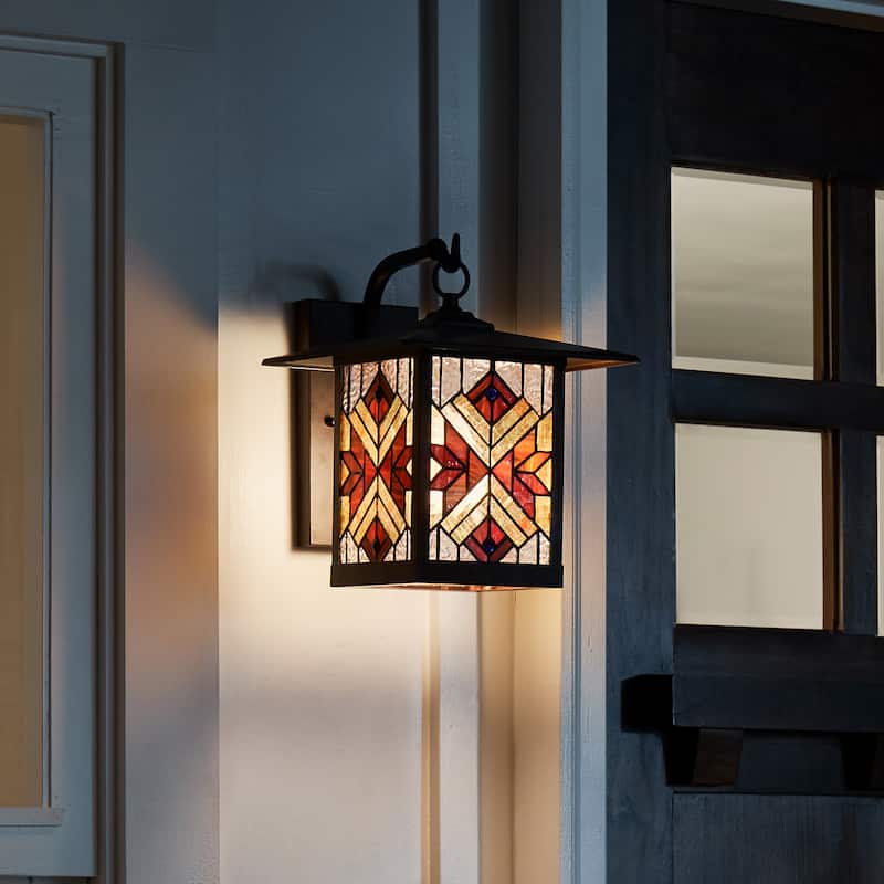 River of Goods Red Stained Glass and Oil Rubbed Bronze 1-Light Outdoor Lantern Wall Sconce - 10.75" x 9" x 11.75"