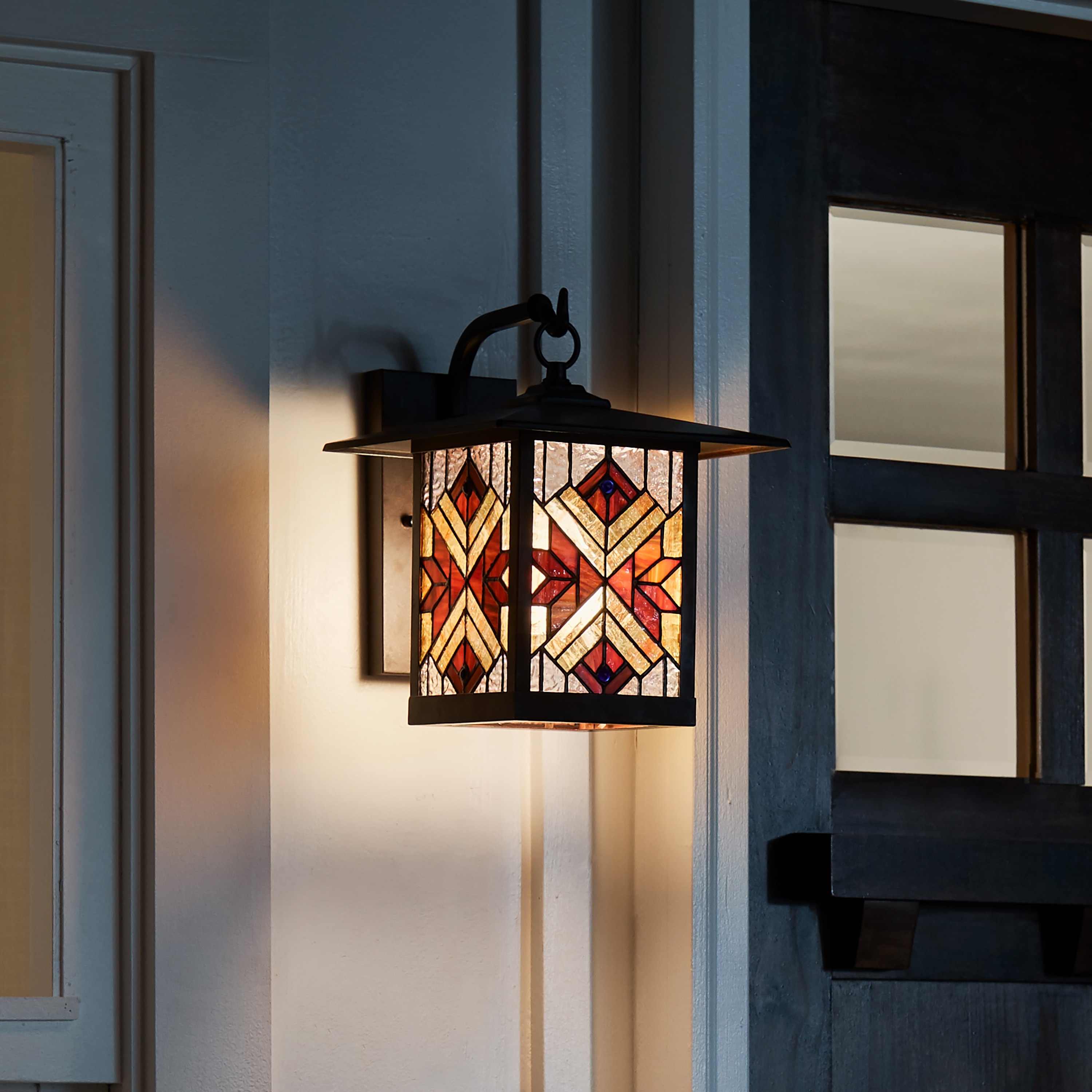 River of Goods Red Tiffany-Style Stained Glass and Oil Rubbed Bronze 1-Light Outdoor Lantern Wall Sconce - 10.75" x 9" x 11.75"