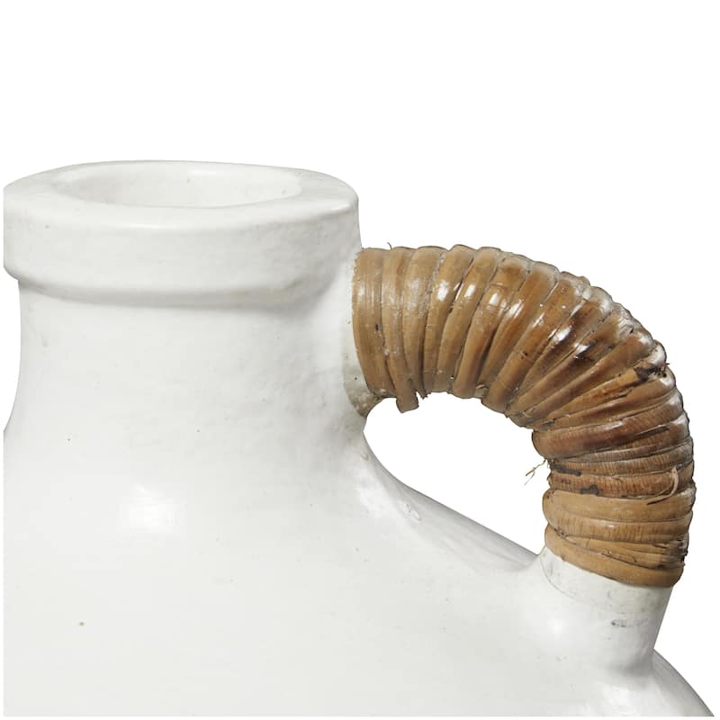 White Ceramic Jug Inspired Decorative Vase with Rattan Wrapped Handle