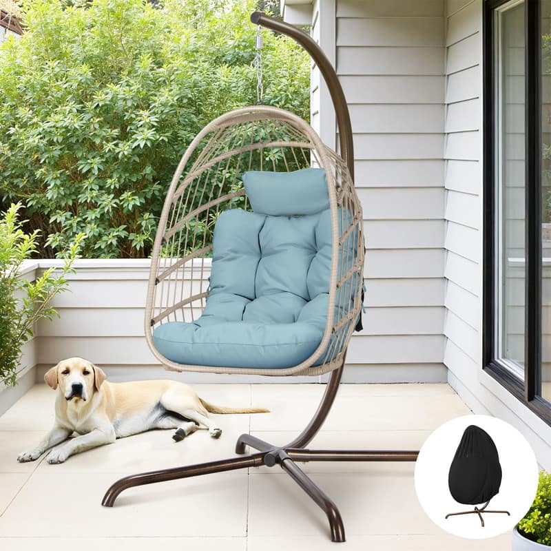 Oversized Wicker Hanging Egg Chair with Stand, Outdoor Indoor Swing Chair with Cushion, 350 lb Capacity
