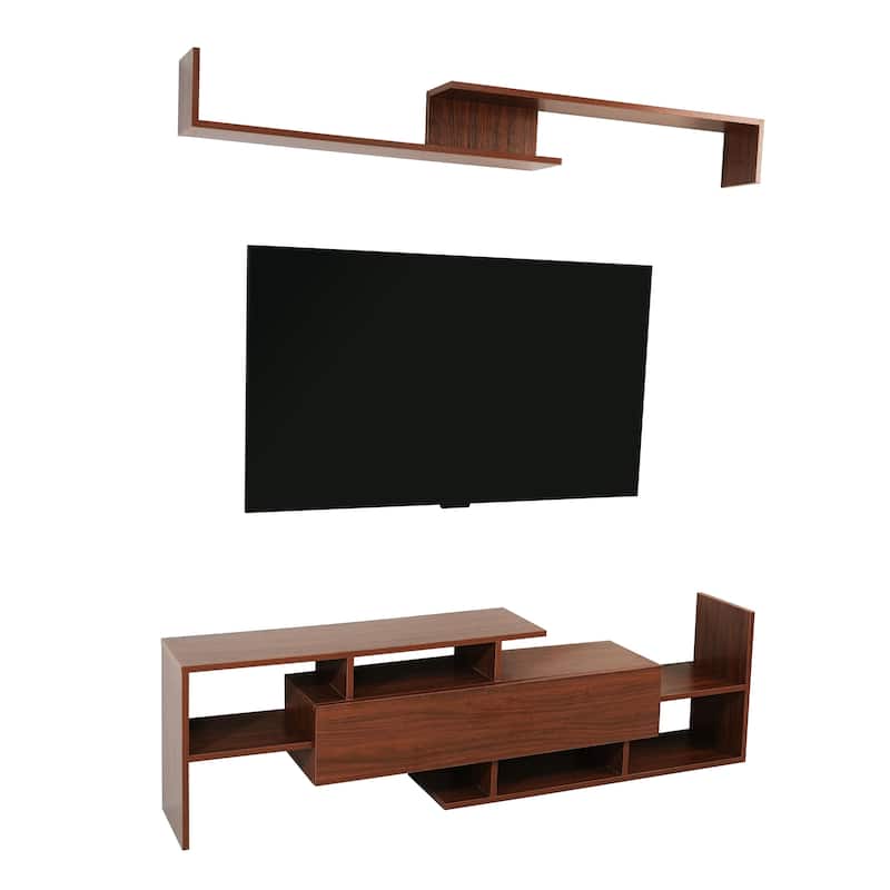 Surrey 60.2'' 2 Pc 1-Drawer Floating TV Stand Media Console with Open Shelves - Walnut