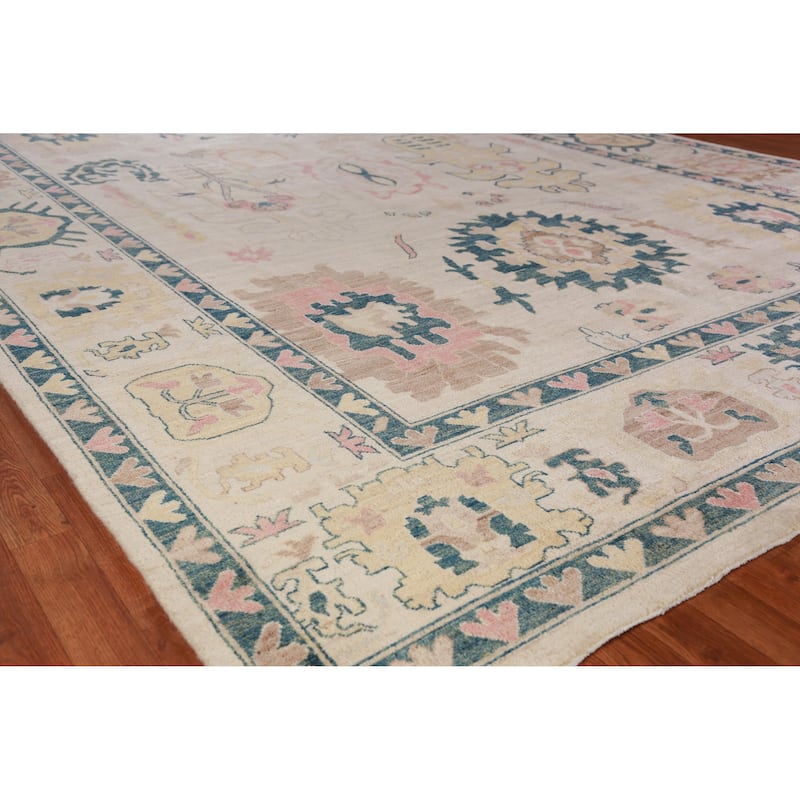 Hand Knotted Oriental 100% Wool Carpet Transitional All-Over Beige & Ivories Oushak Area Rug - 13' 9'' X 9' 11''