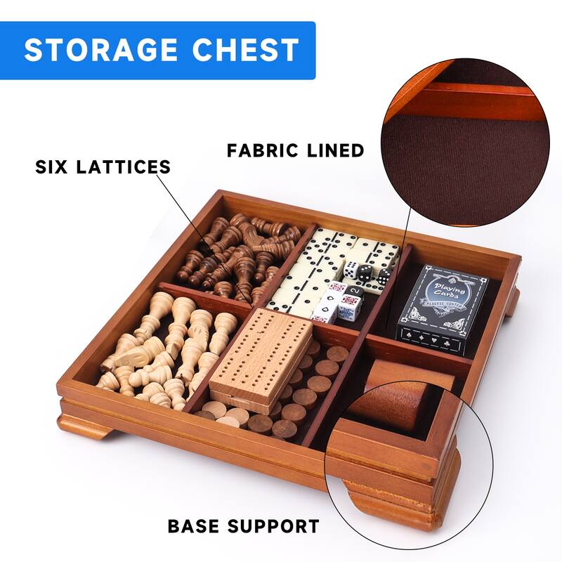 Deluxe 7-in-1 Chess/Checkers/Backgammon/Dominoes/Cribbage Board/Playing Card/Poker Dice Board Game Combo Set