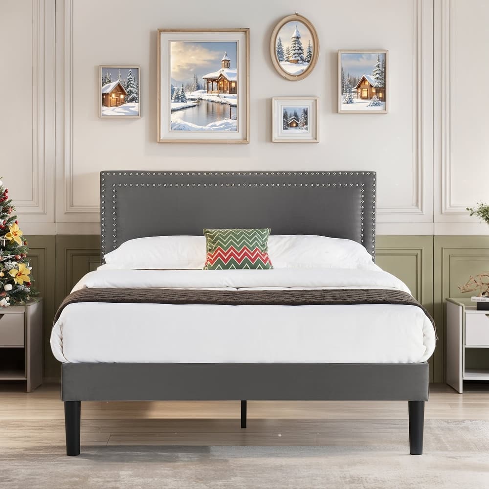 VECELO Upholstered Bed Frames with Height Adjustable Headboard