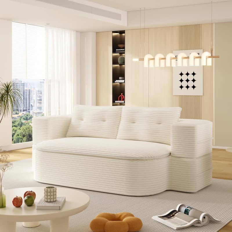 GDFStudio - Modern 78.7" 2-in-1 Plush Corduroy Tufted Upholstered Convertible Foldable Sleeper Sofa Bed with Blanket & 2 Pillows