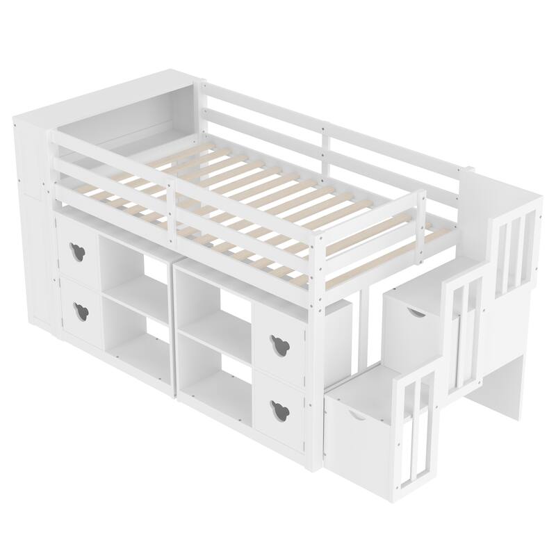 White Twin Size Low Loft Bed with Shelves, Storage Headboard, and Staircase