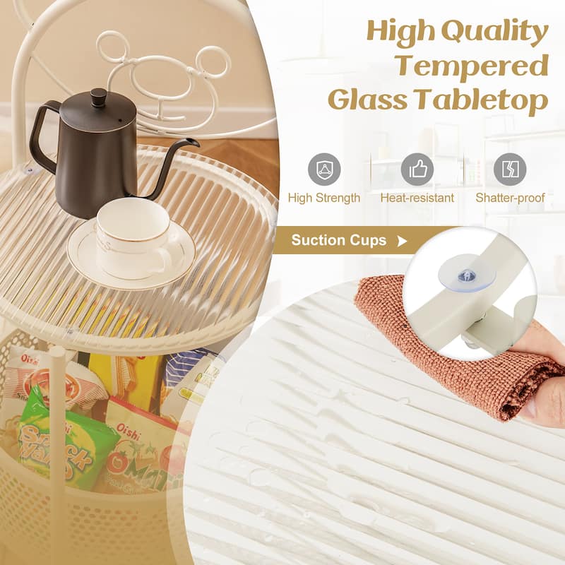 Gymax 2-Tier Mobile Glass Coffee Table w/ Bear Pattern Storage Basket