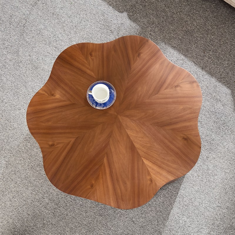 Modern Petal Shaped Coffee Table Stylish Round Coffee Table with Hidden Drawers, for Living Room, Walnut Color