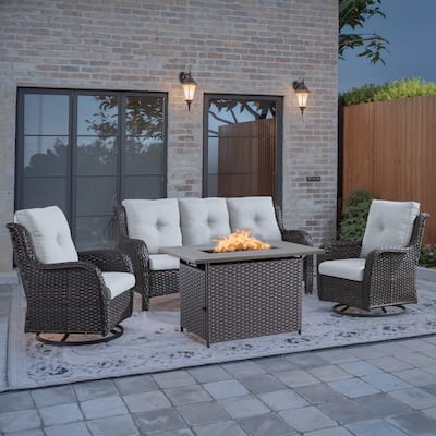 4-Piece Swivel Sofa Chair with Fire Pit Table - Brown