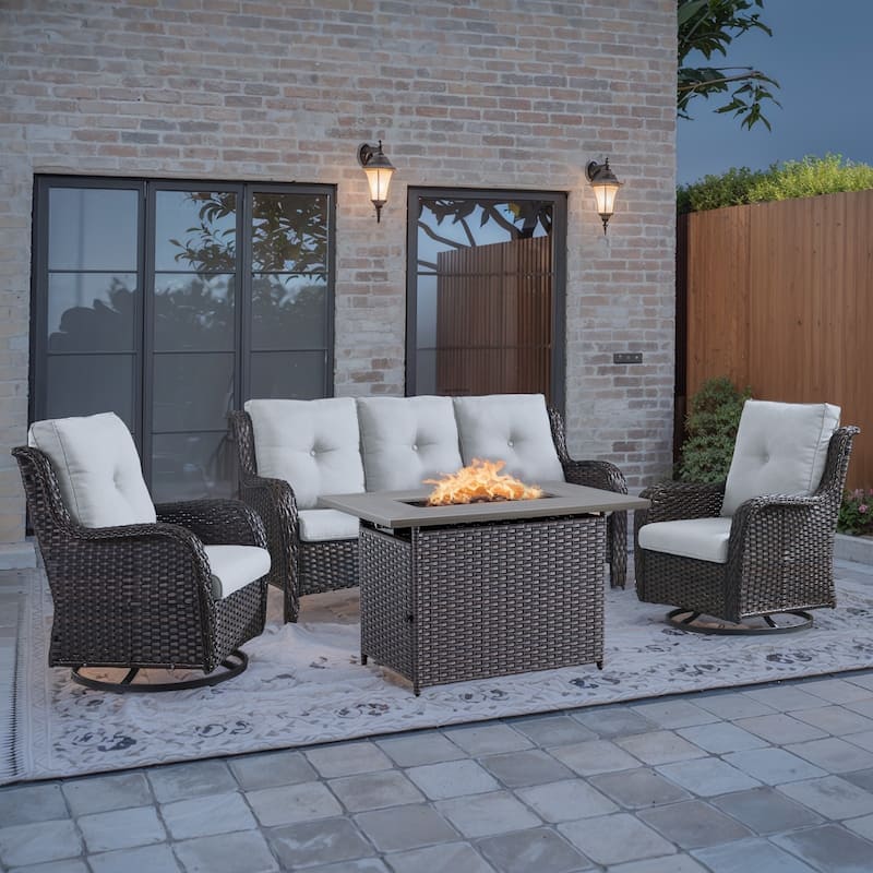 Patio Sofa Sets with Fire Pit Table - Beige - Brown