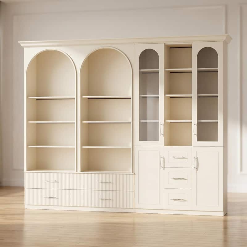 Modular Bookcase with LED Lights, Glass Door Storage Cabinet with Drawers, Large Display Shelving Unit Sideboard