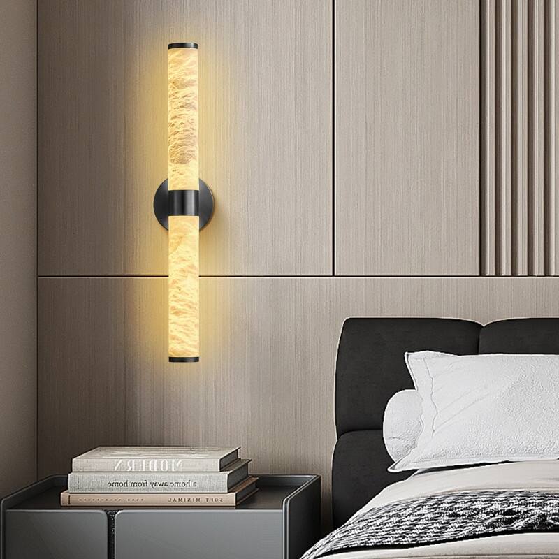 KAYLA 24 in. Modern Black Wall Sconces with Natural Alabaster Shade - Black