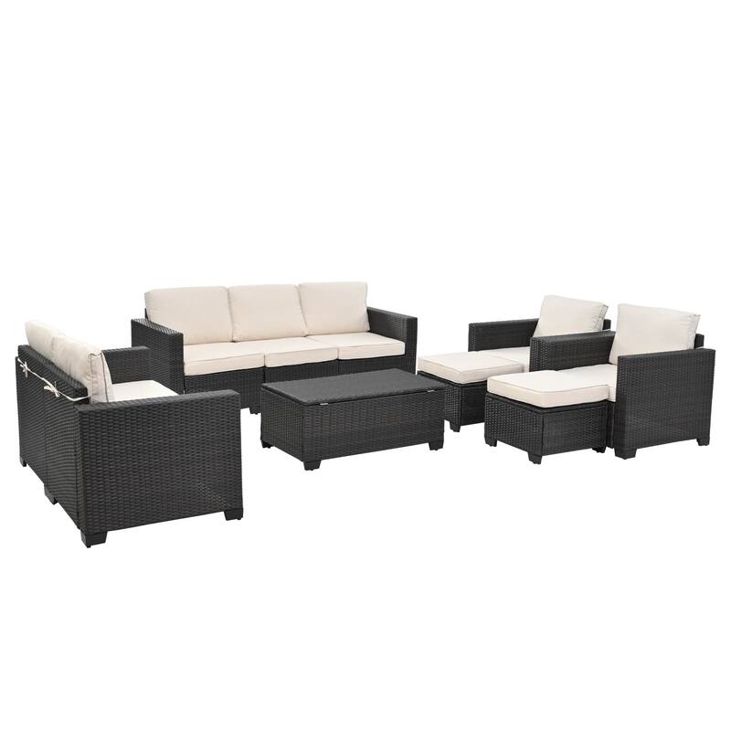 10 Piece PE Rattan Patio Furniture Set Outdoor Patio Furniture Set With Cushions & Tempered Glass Coffee Table