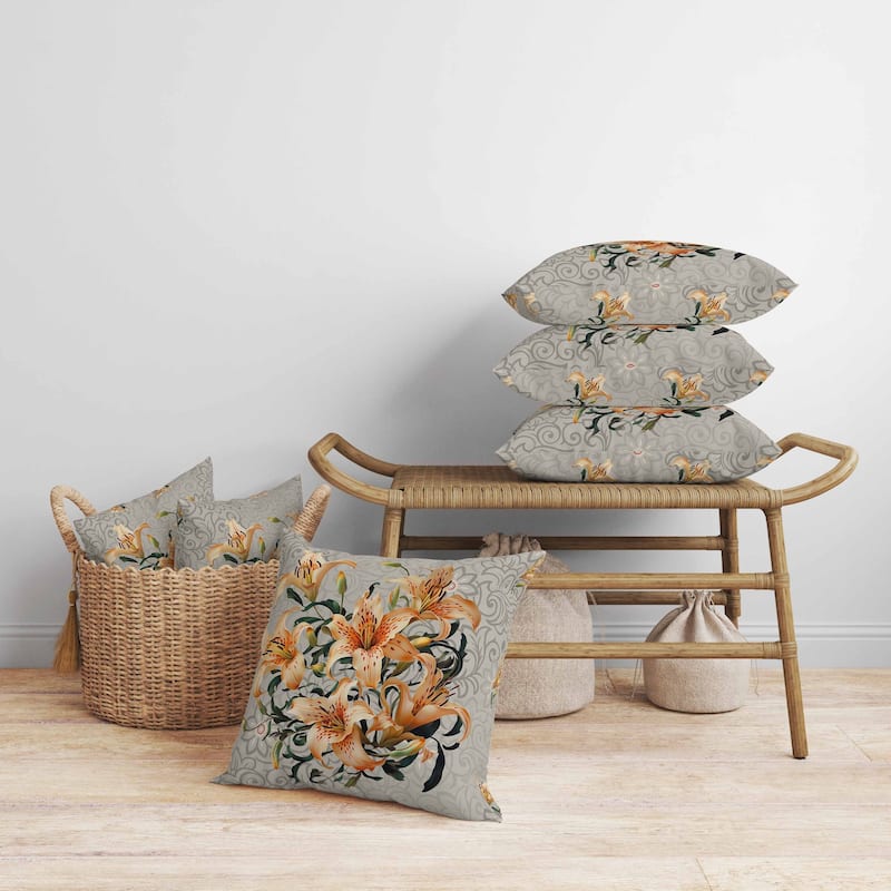 Enchanted Lily Affair Faux Suede Reversible Throw Pillow Grey and Orange